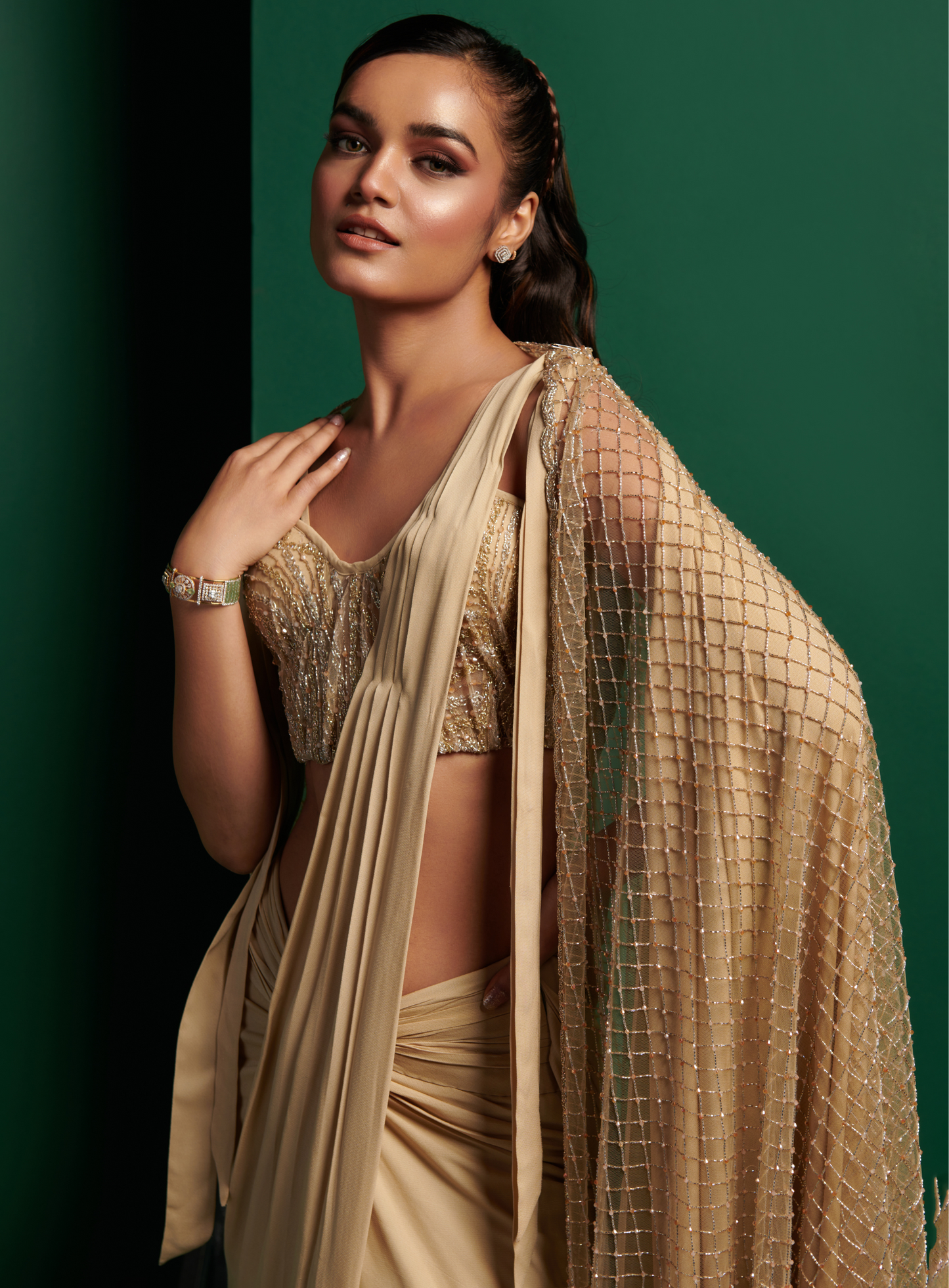 Champagne Gold Embellished Corset With Drape Saree And Embellished Cape