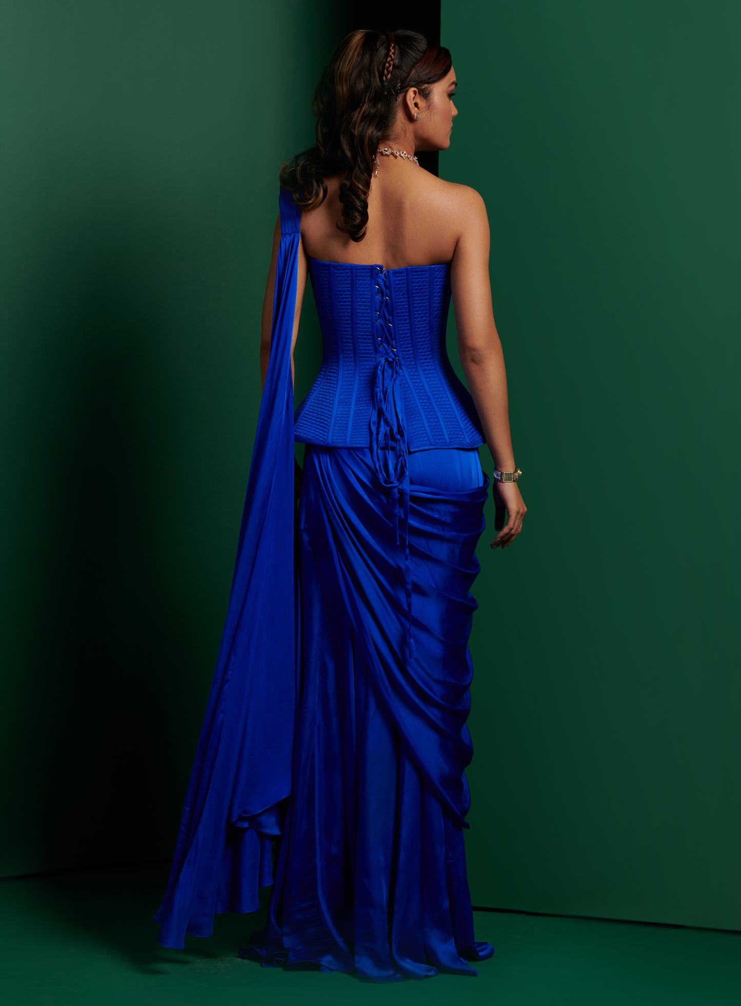 Electric Blue Victorian Corset With Drape Saree