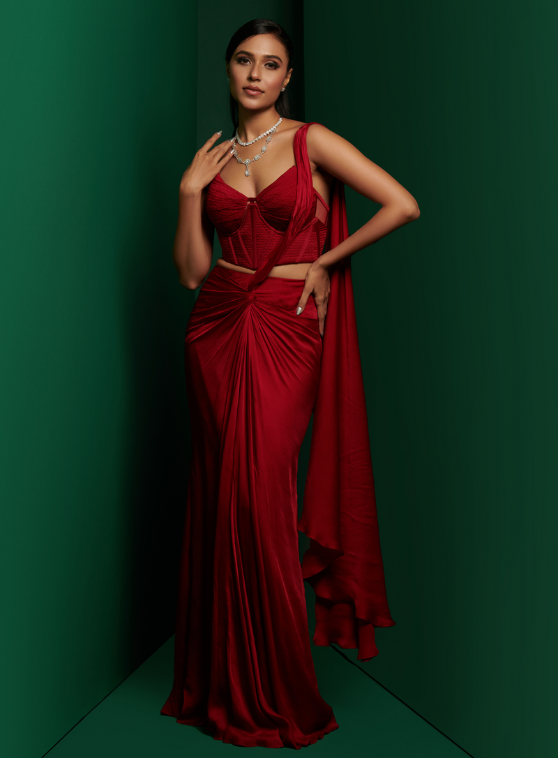 Cherry red structured double corset with front knot skirt and drape