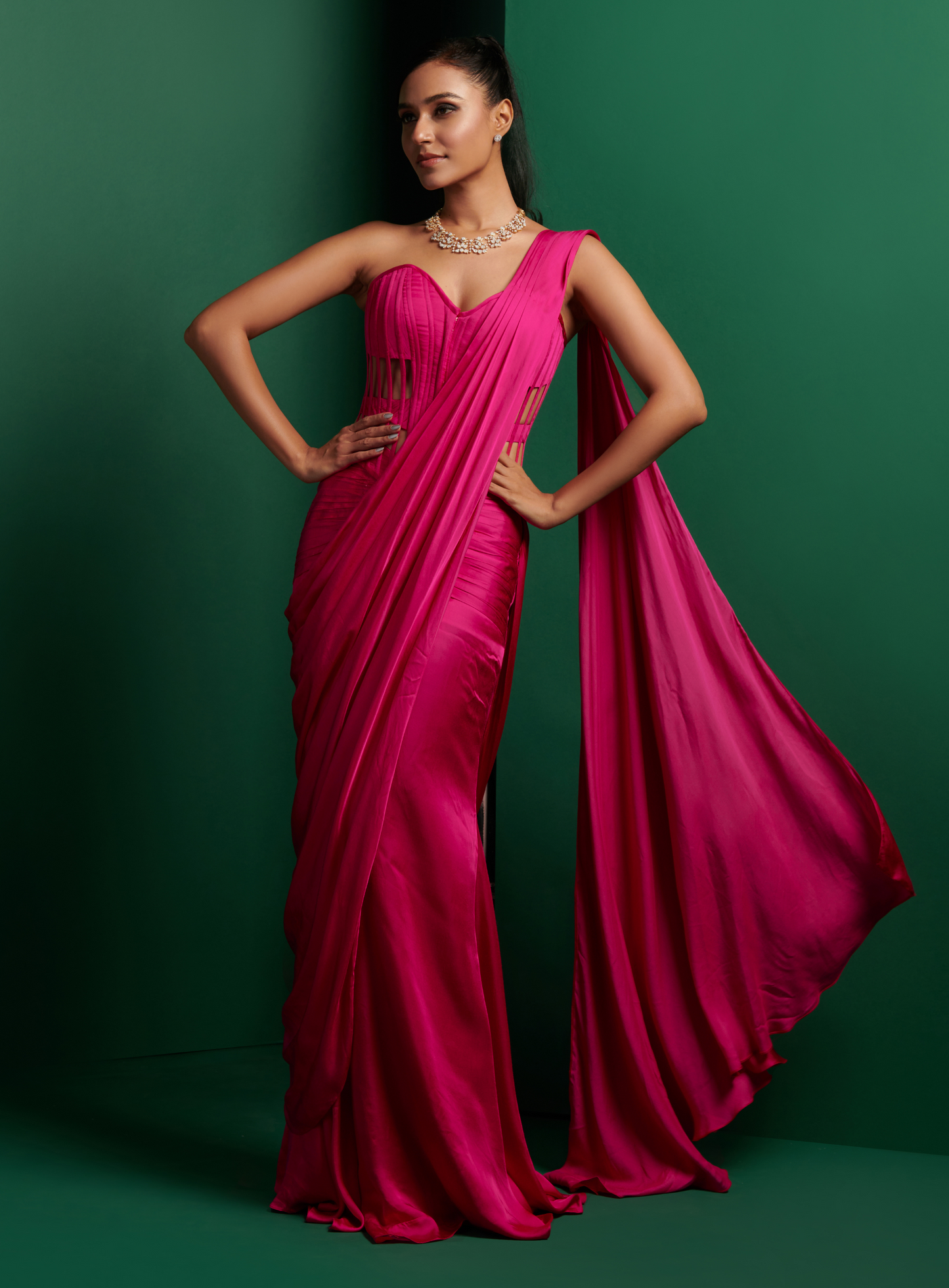 Hot Pink Longline Cutout Torso Corset With Drape Saree