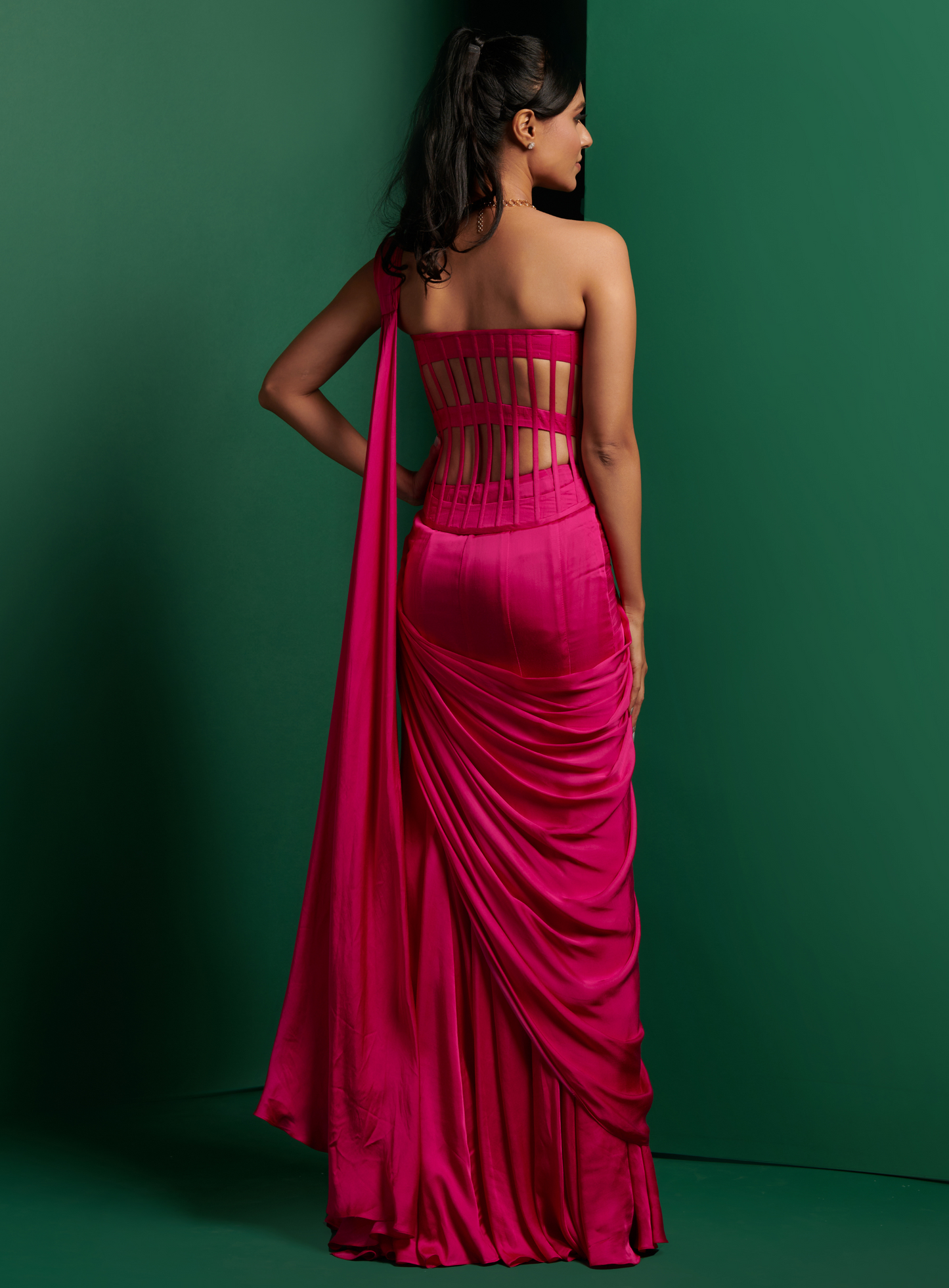 Hot Pink Longline Cutout Torso Corset With Drape Saree