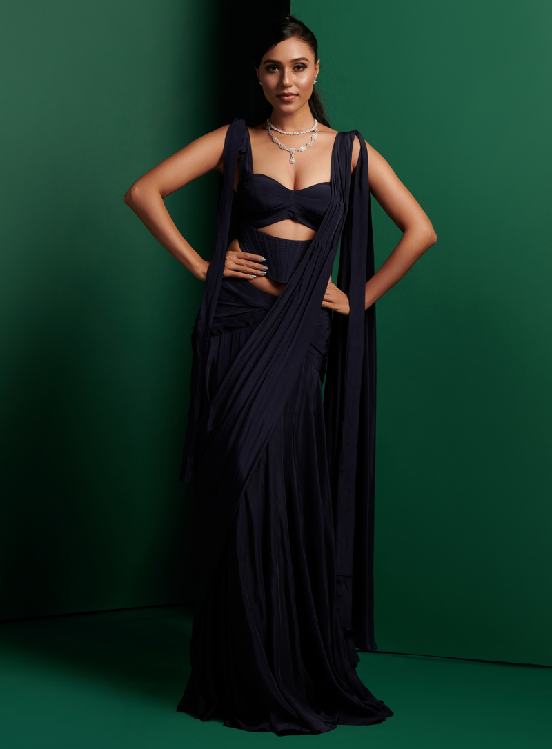 Midnight blue cut-out corset with gathered skirt and drape saree