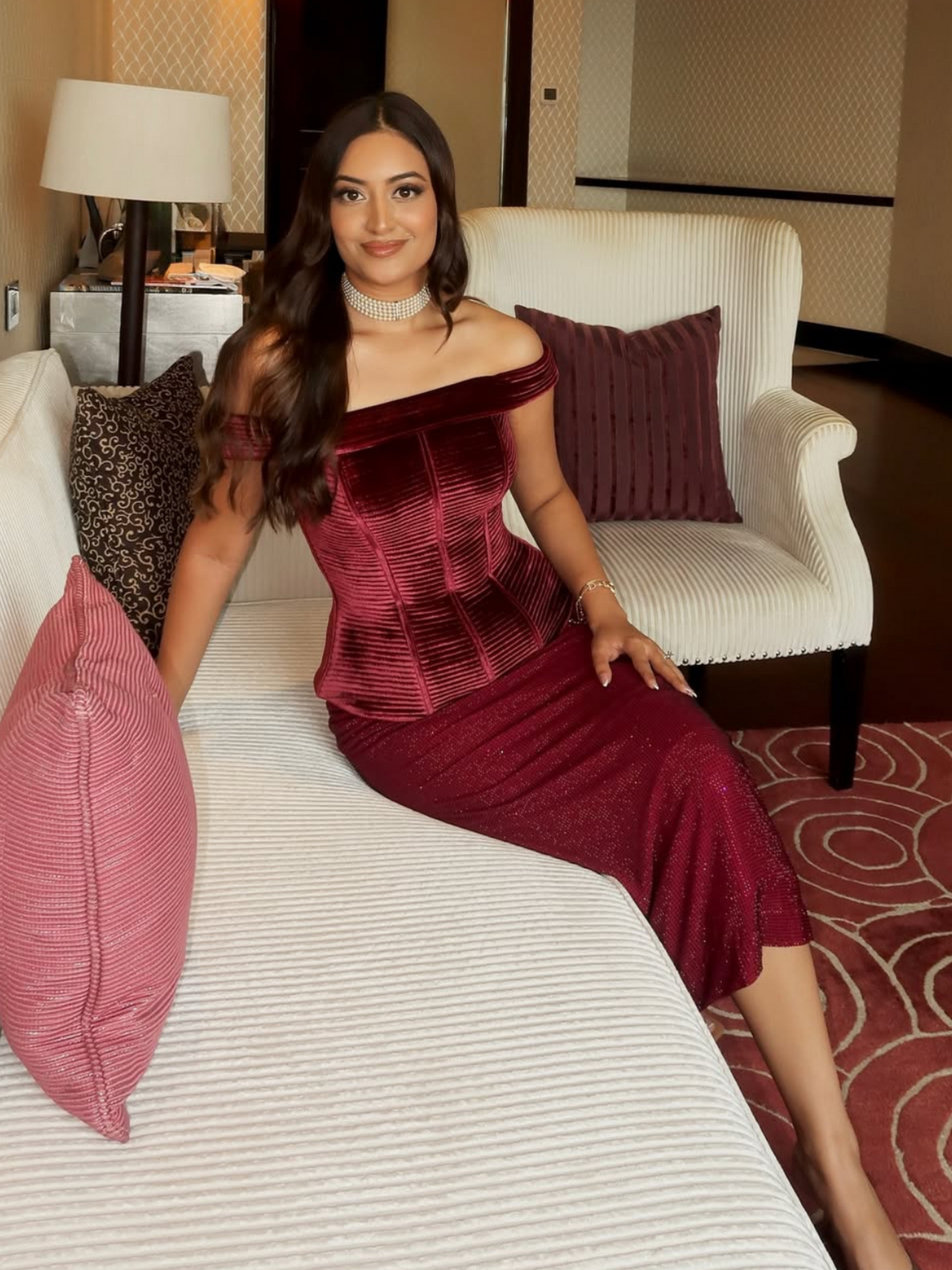 Natasha in Our Velvet Textured Corset and Rhinestone Skirt