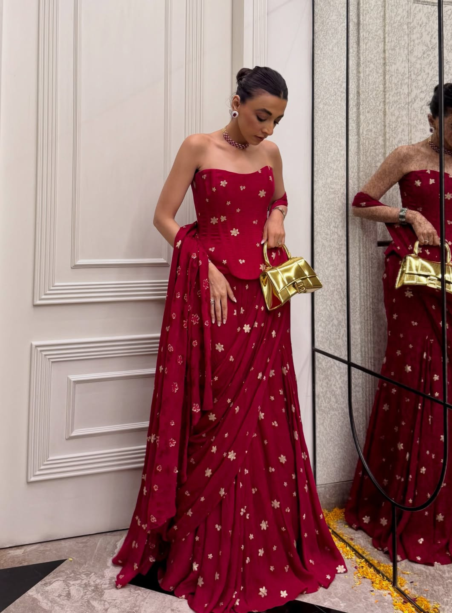 Red Corset With Drape Saree
