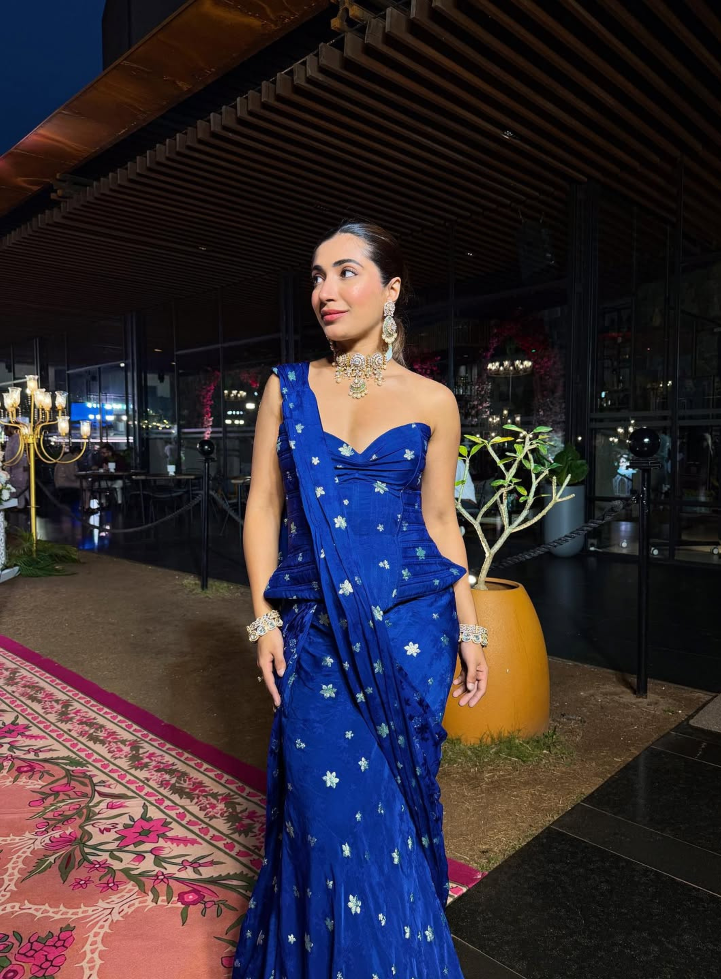 Electric Blue jacquard golden zari butti structured quilted corset and saree