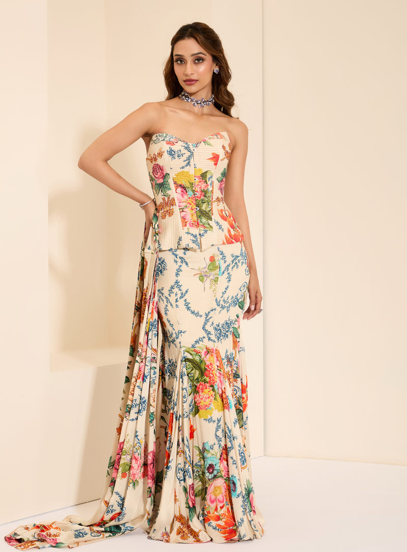 Ivory baroque-print corset with drape skirt and stole