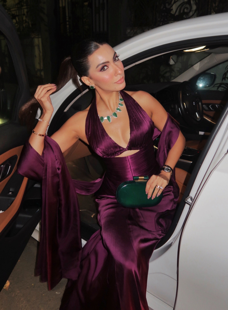Plum pleated structured corset with drape skirt and stole