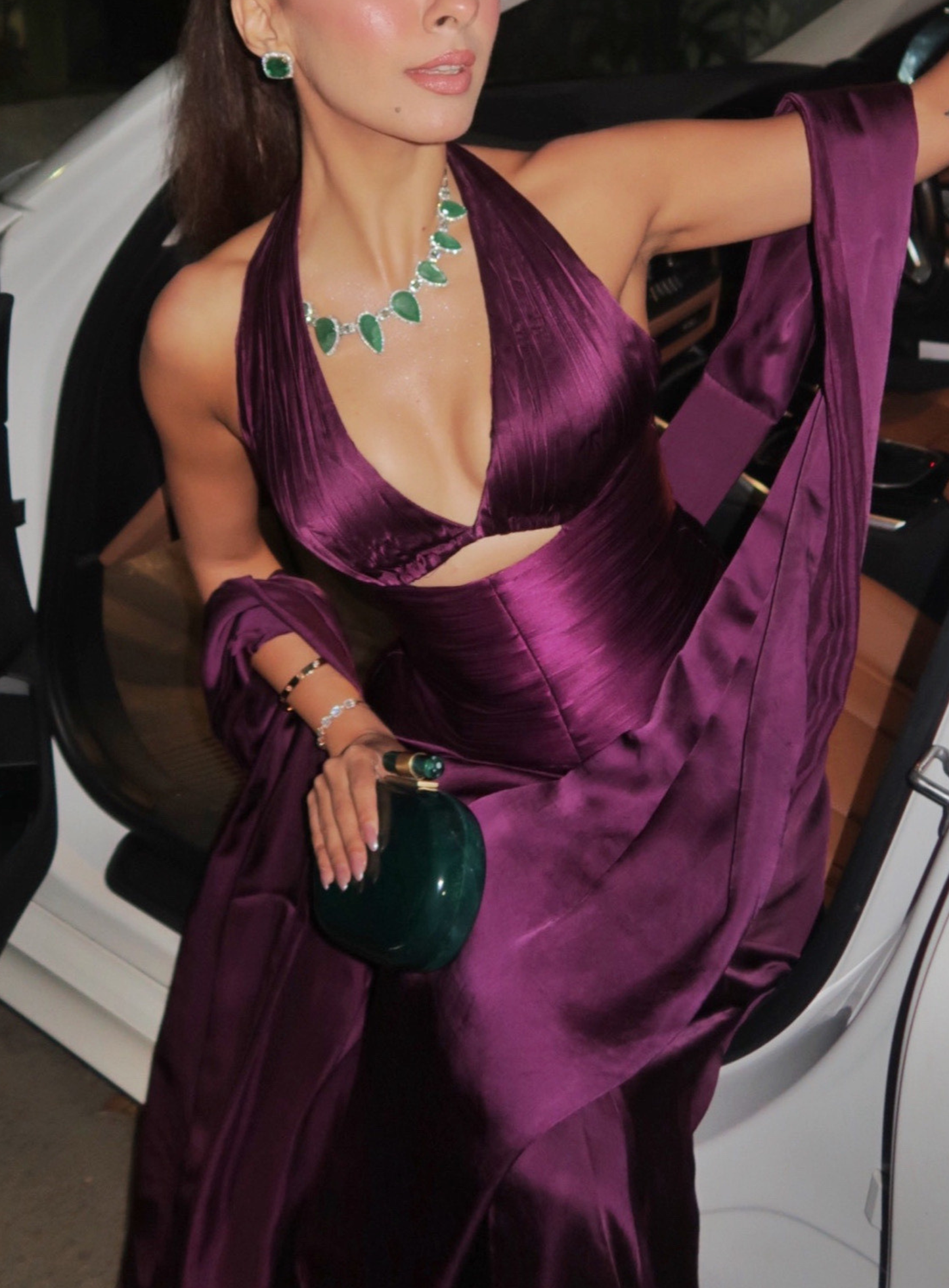 Plum Pleated Structured Corset paired with flowy drape skirt & stole