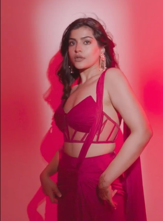 Kritika Khurana in our Cherry Red Corset Drape Saree