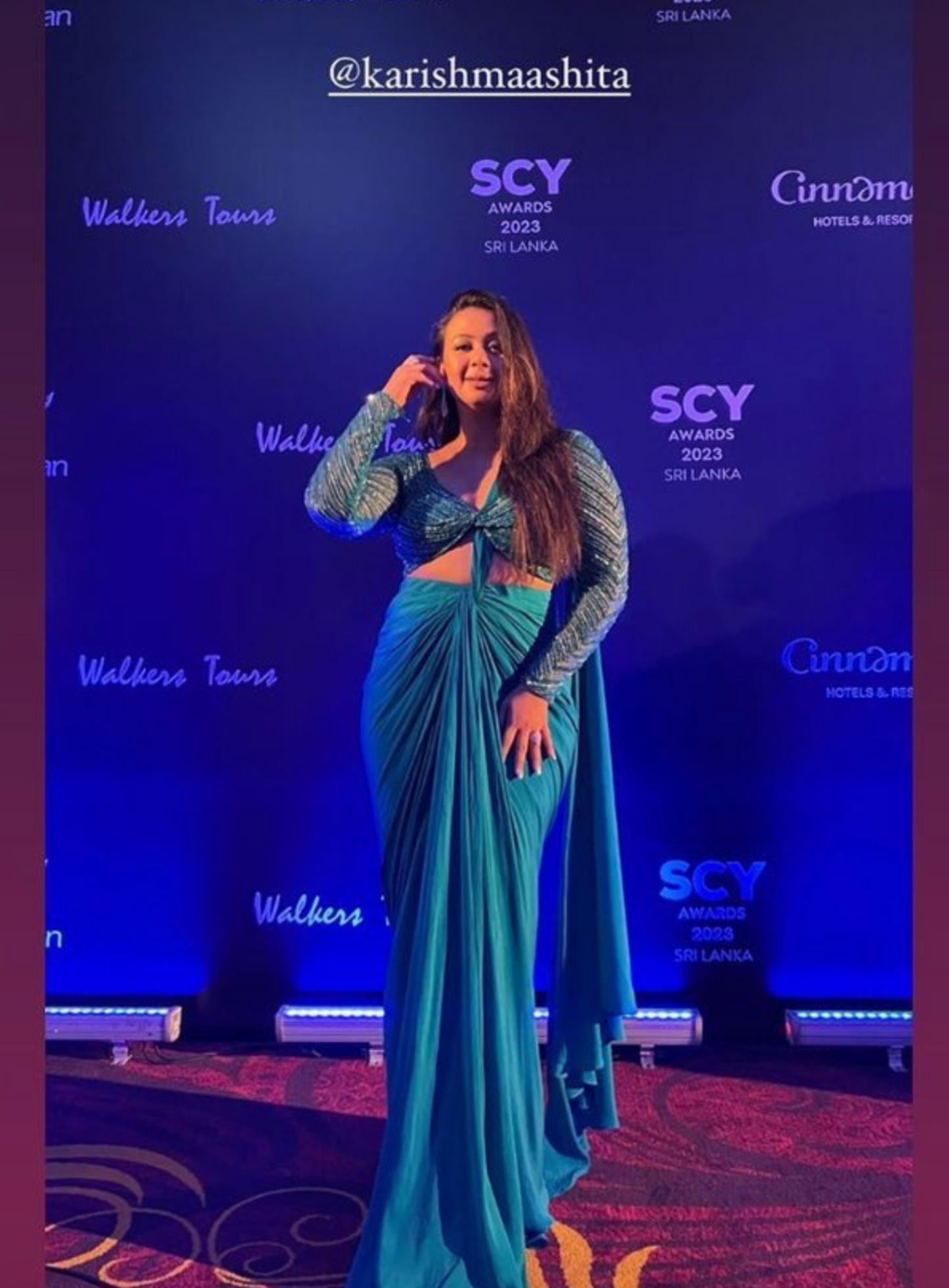 Saiyami and Nicole Concessao in our Embellished Teal Drape Saree