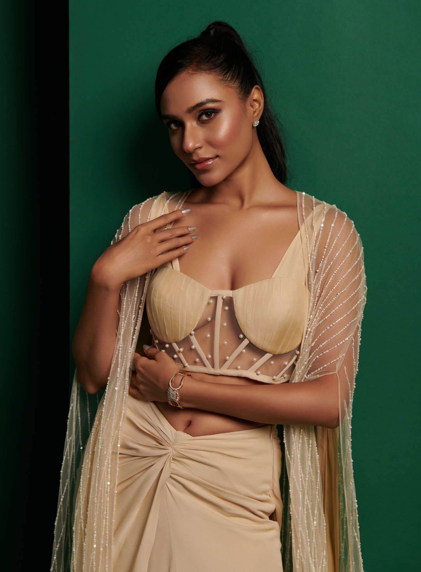Ivory Pearl Embellished Corset Top With Drape Skirt & Cape