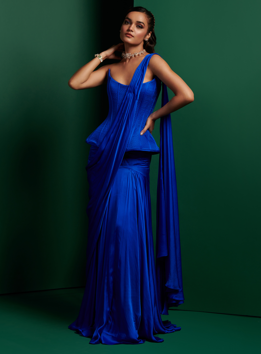 Electric Blue Victorian Corset With Drape Saree