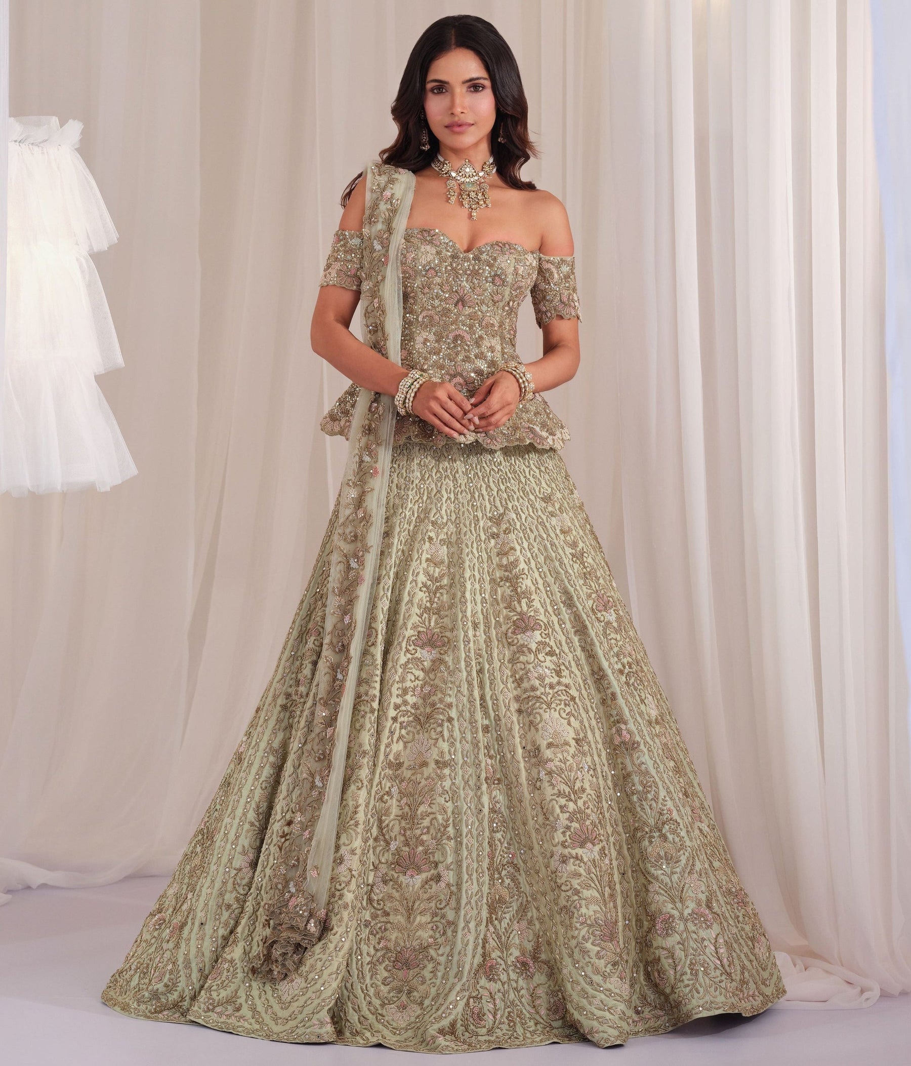 Sage Green Hand Embellished Peplum Corset with Lehenga & Dupatta