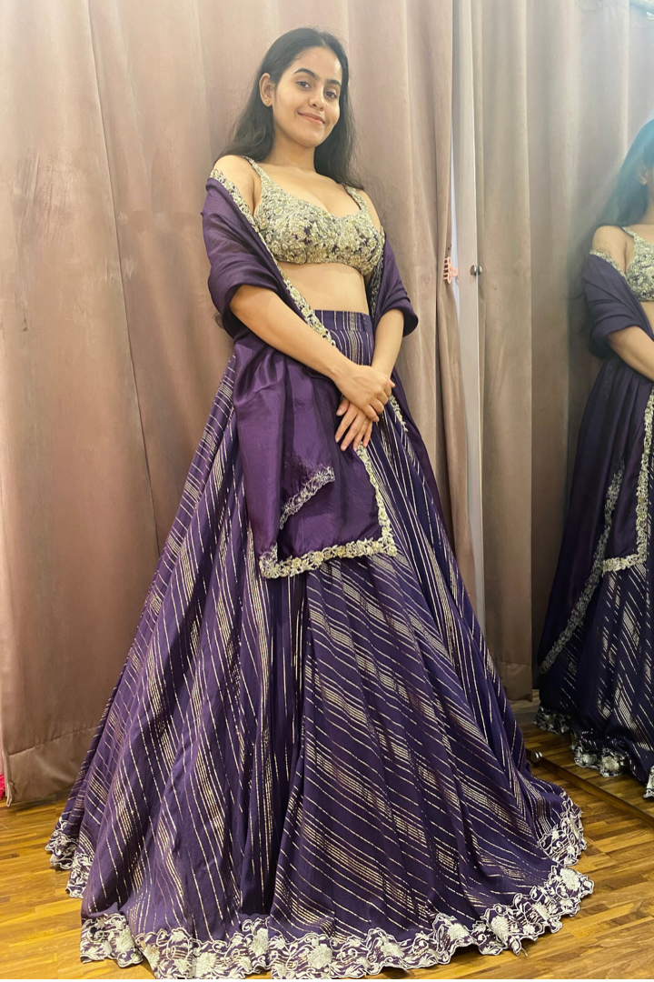 Ultra Violet Zari Line Silk Lehenga With Embellished Blouse And Handwork Dupatta