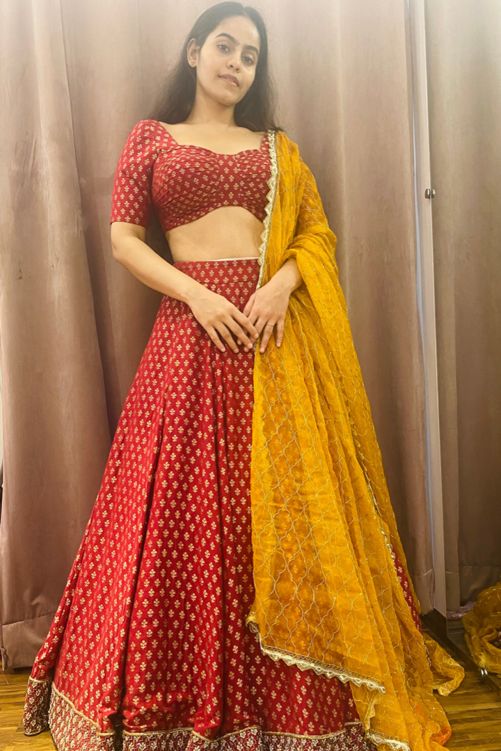 Red Moonga Silk Embellished Lehenga With Blouse And Embellished Dupatta