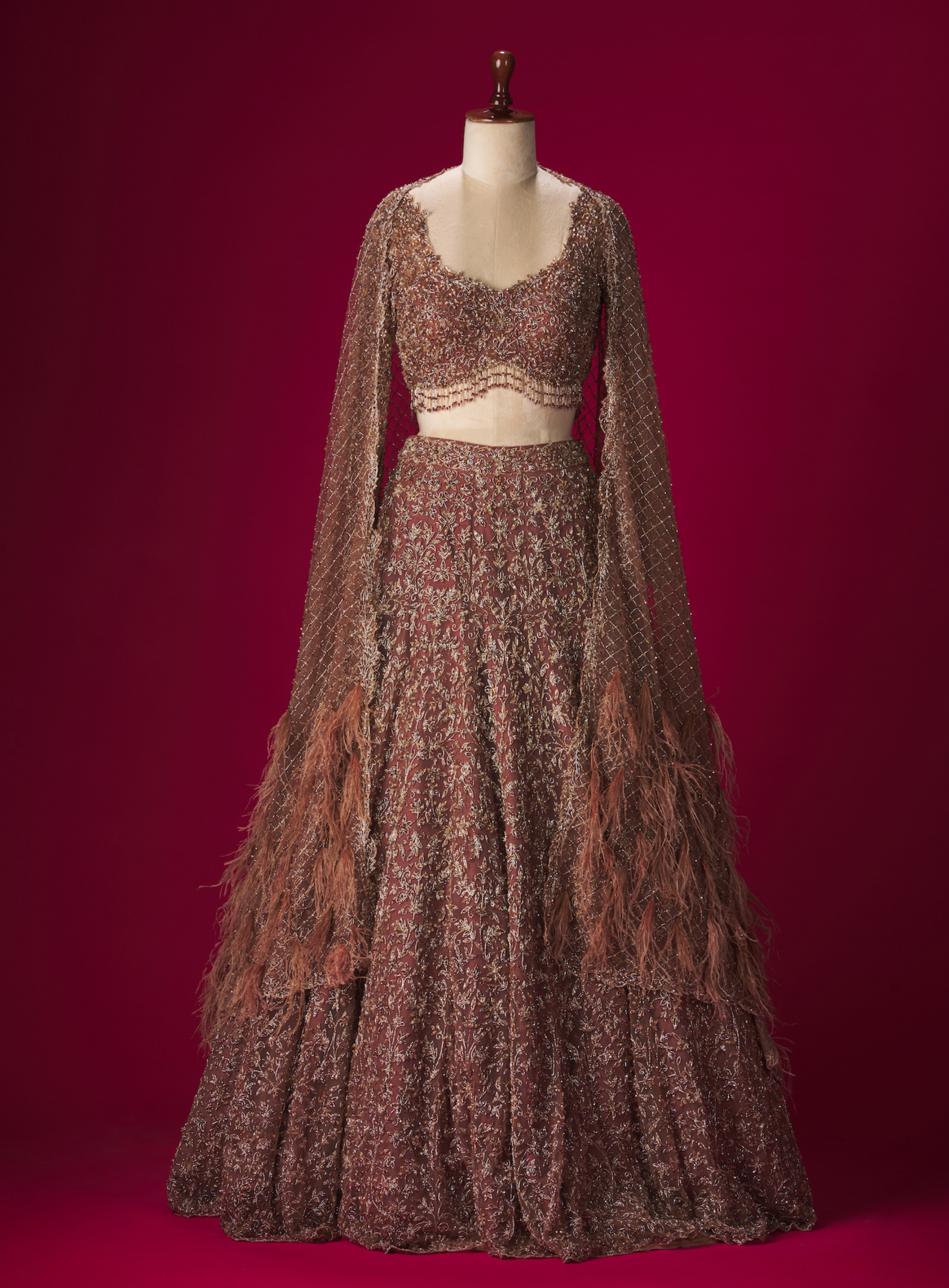 Brown Embellished Lehenga With Feathered Dupatta