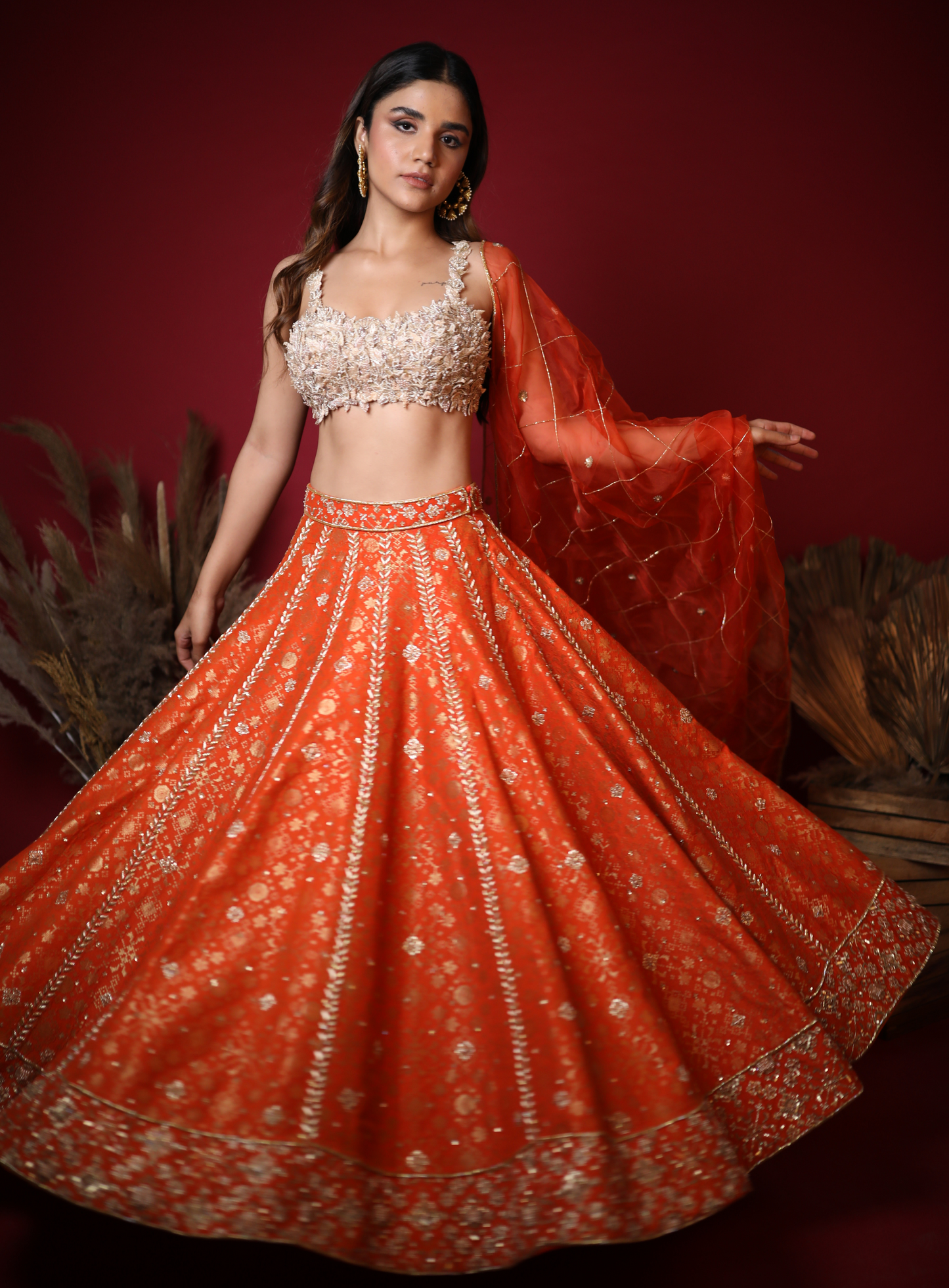 Bright Orange Pure Brocade Hand Embroidered Lehenga Set