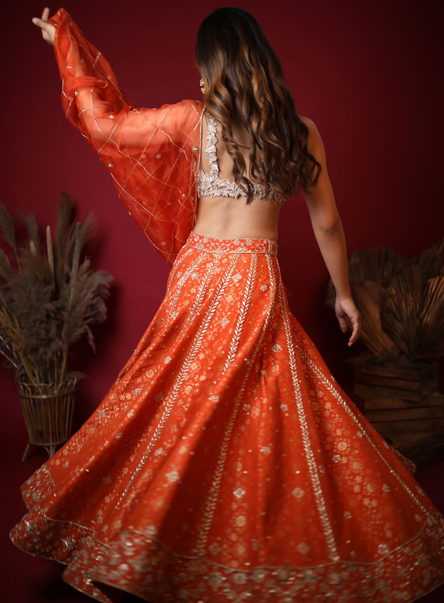 Bright Orange Pure Brocade Hand Embroidered Lehenga Set