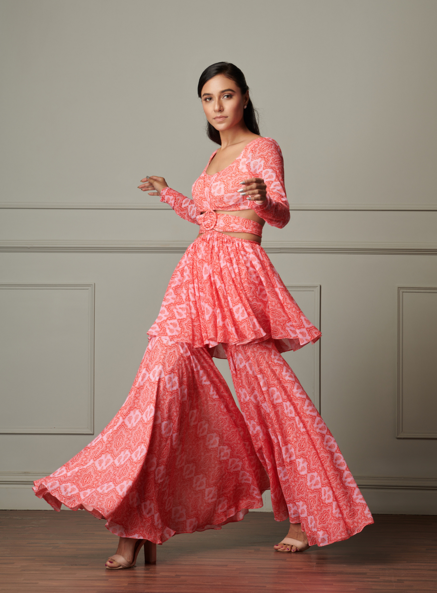 Solid Pink Printed Scoop Neck Tunic With Printed Sharara