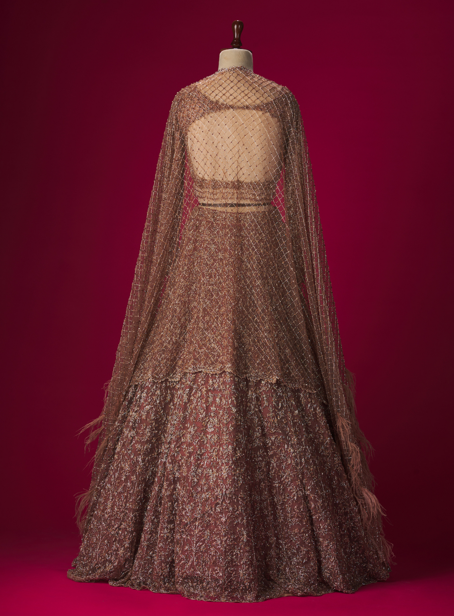 Brown Embellished Lehenga With Feathered Dupatta