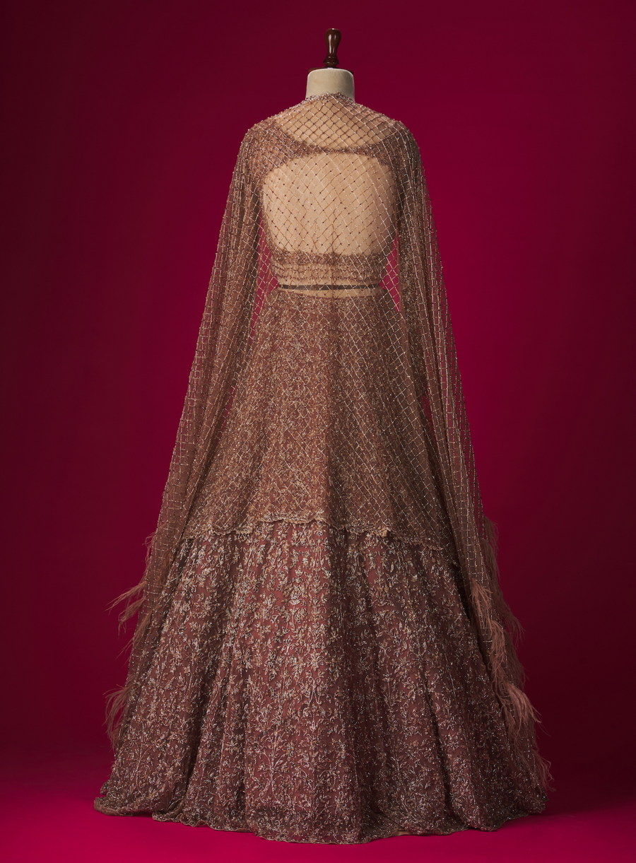 Back view of the brown lehenga with feathered net dupatta on a mannequin