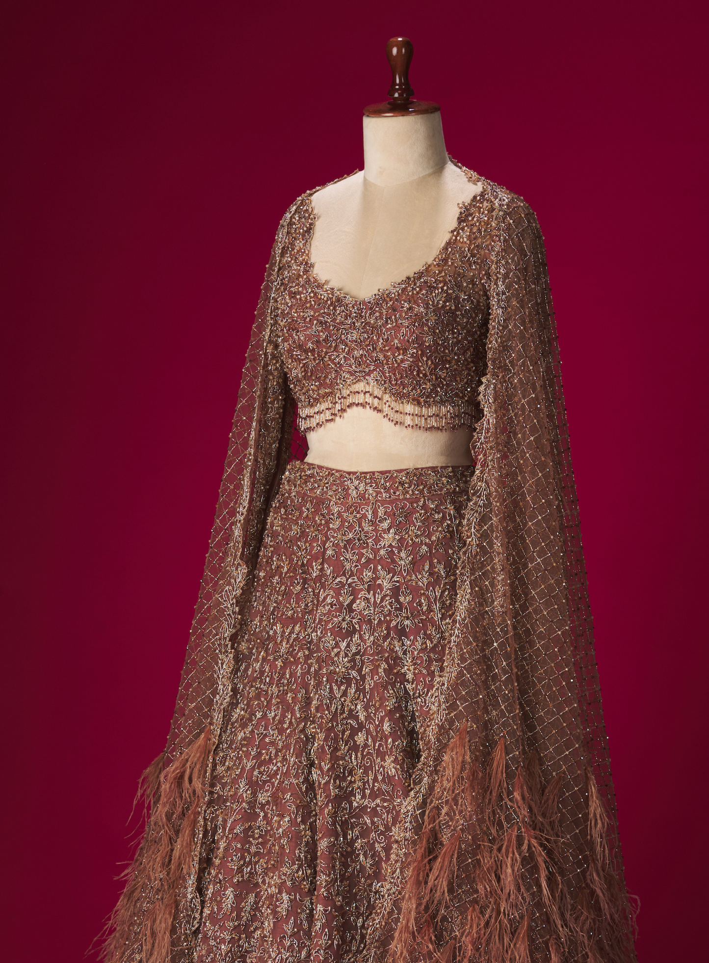 Brown Embellished Lehenga With Feathered Dupatta