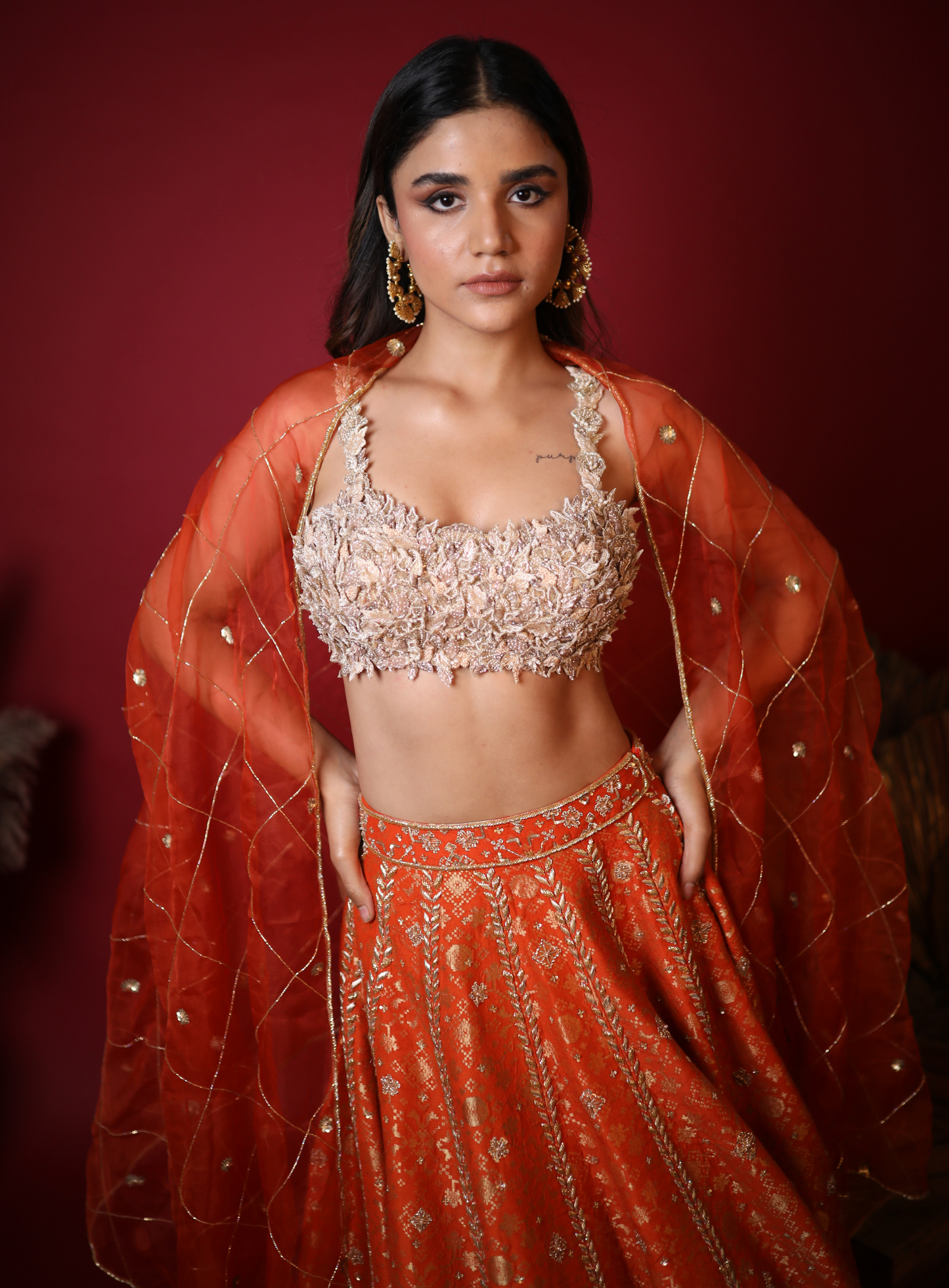 Bright Orange Pure Brocade Hand Embroidered Lehenga Set