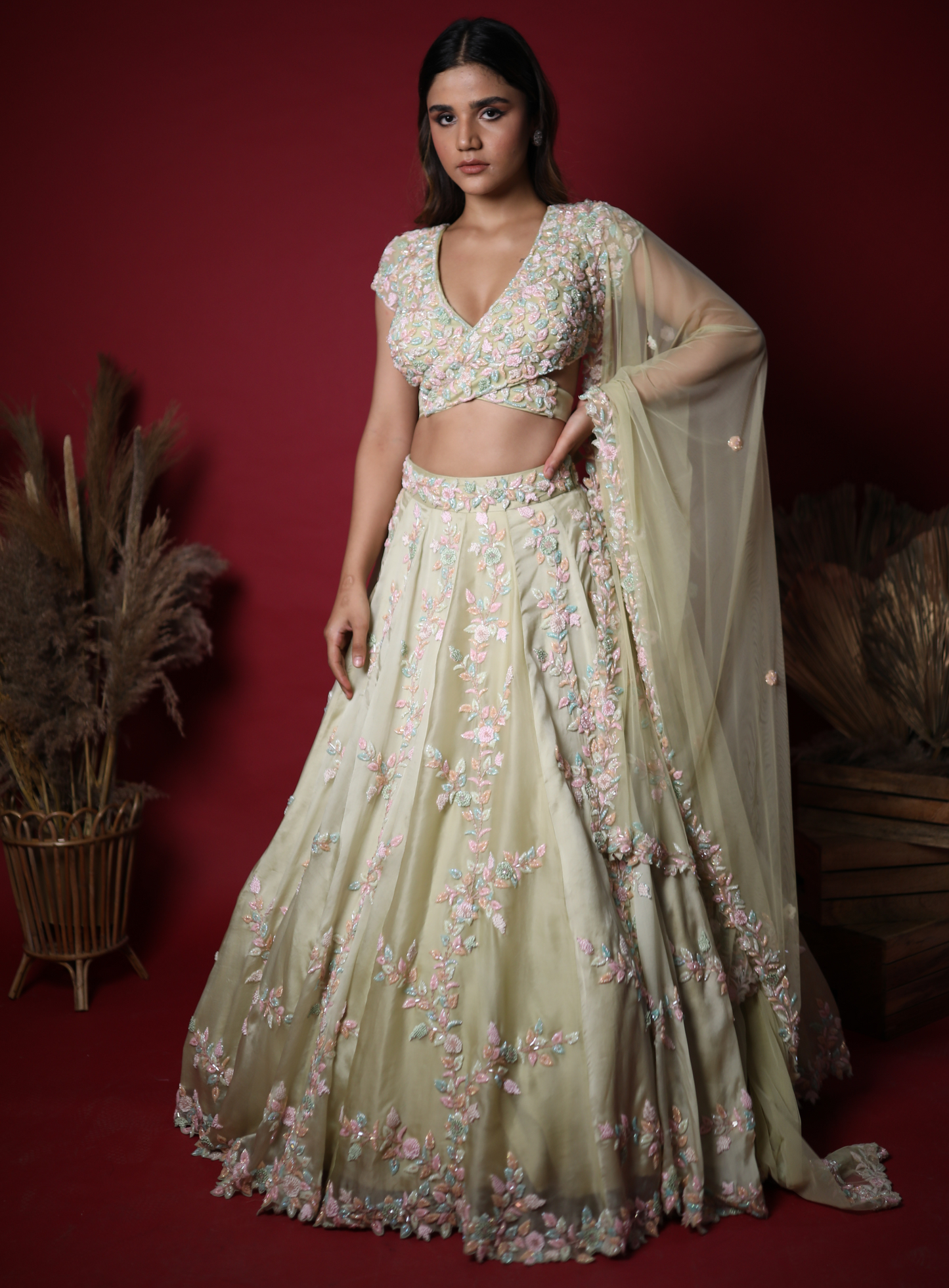 Sage Green Hand Embellished Lehenga Set