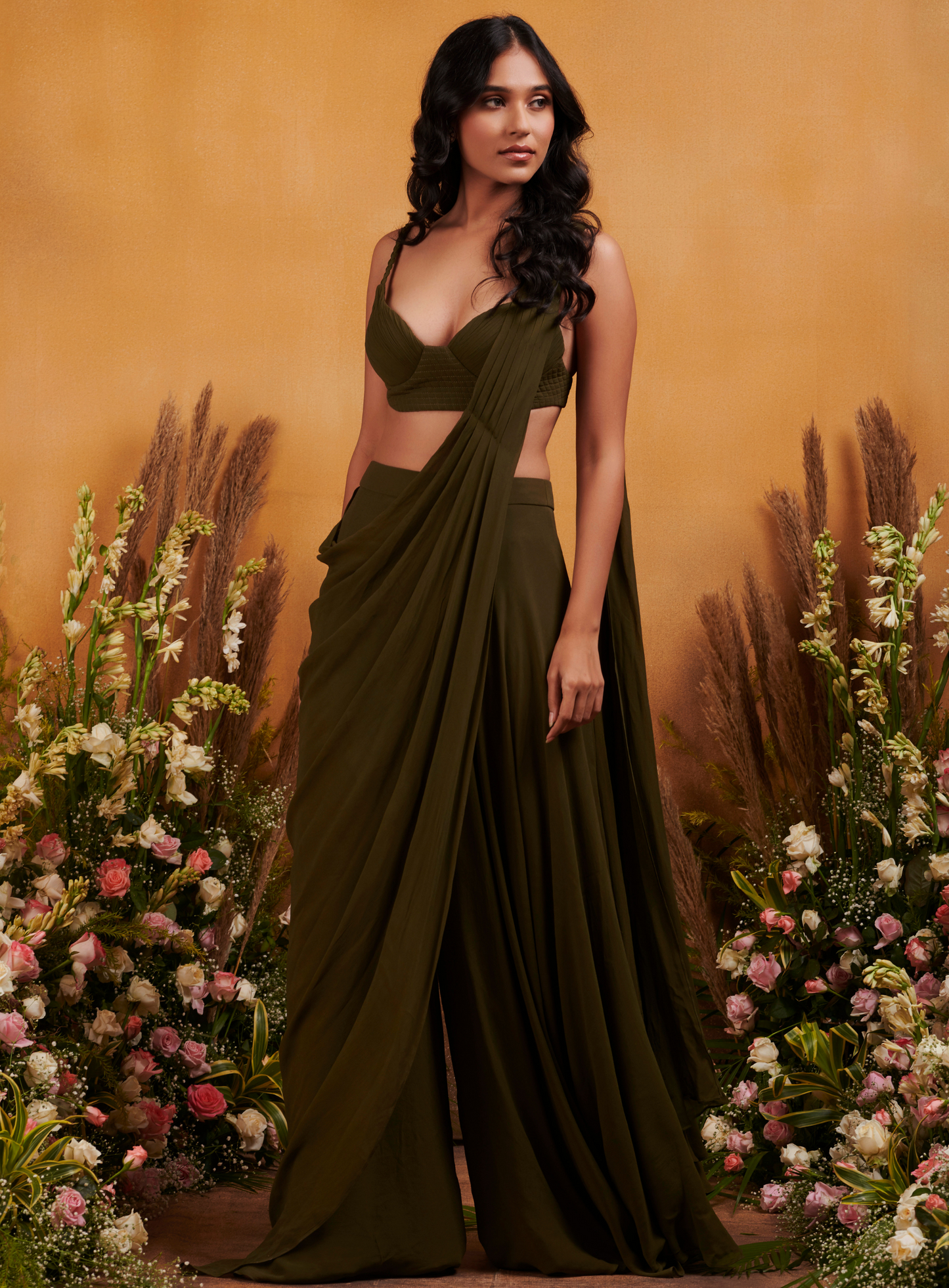 Olive Green Textured Bustier With Pant Drape