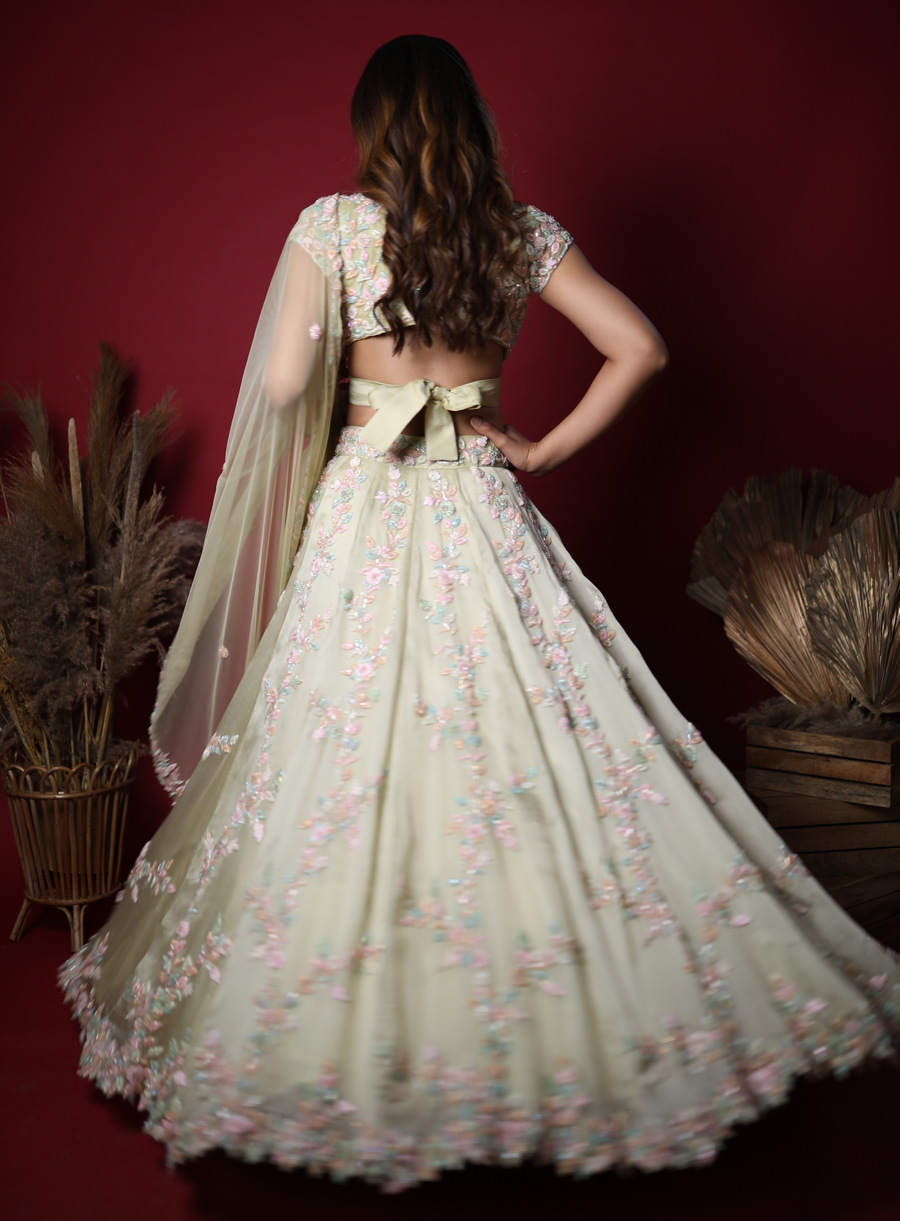 Back view of the sage green lehenga with tie-back blouse and floral embroidery