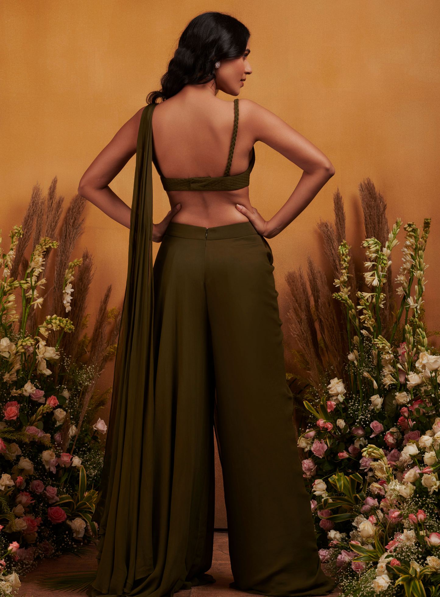 Olive Green Textured Bustier With Pant Drape