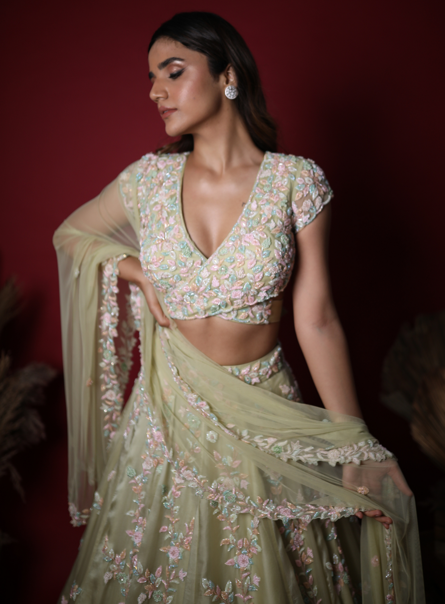 Sage Green Hand Embellished Lehenga Set