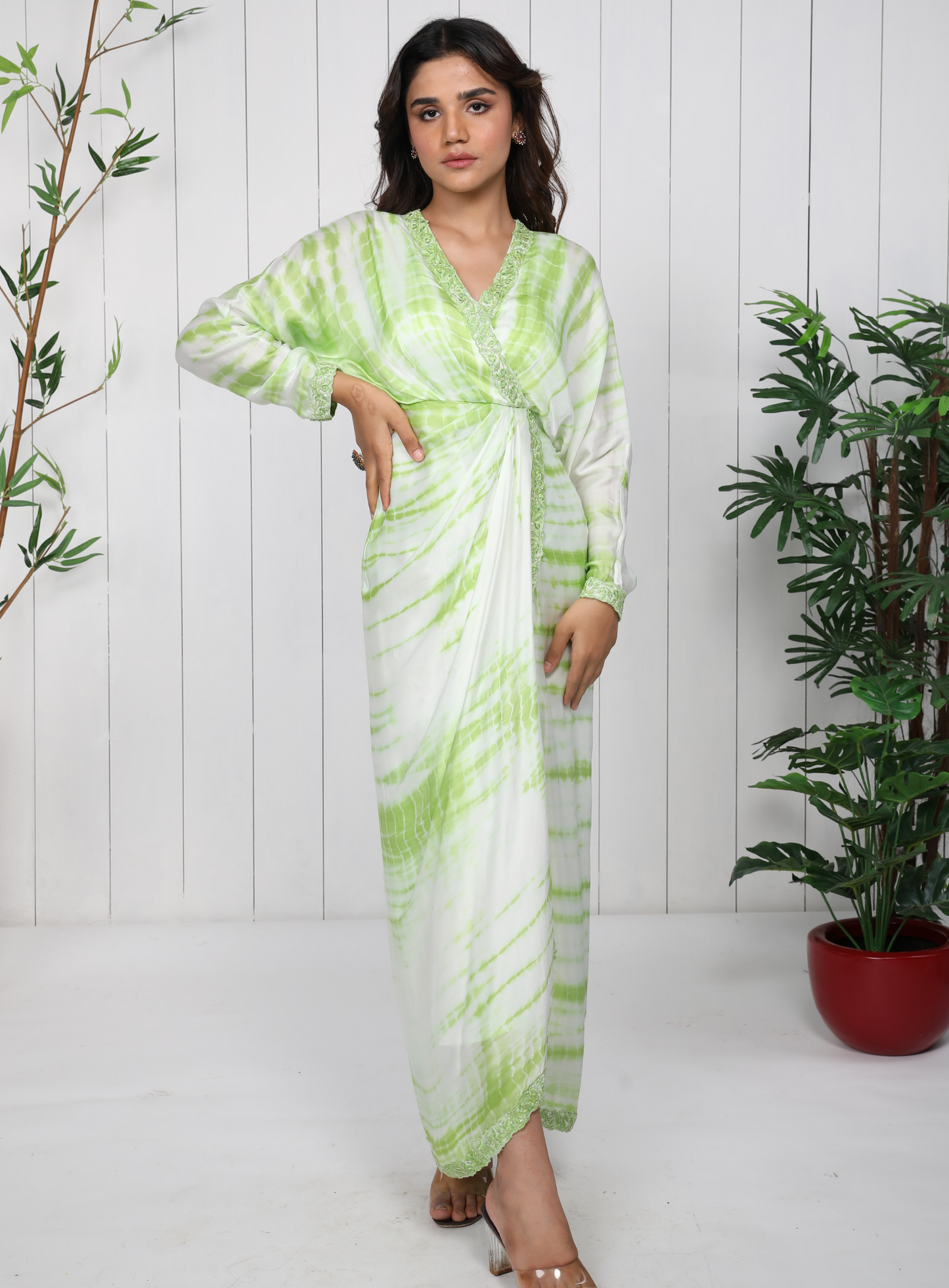 Pastel Green And White Tie Dye Dolman Sleeve Dress