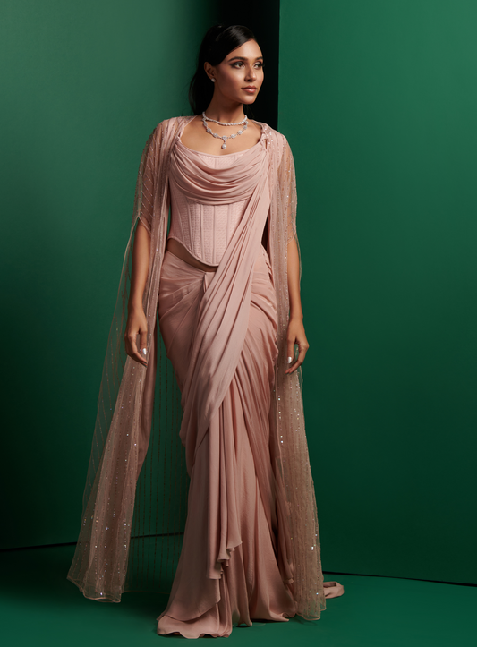 Pastel Pink Cowl Neck Corset With Drape Saree And Embellished Cape