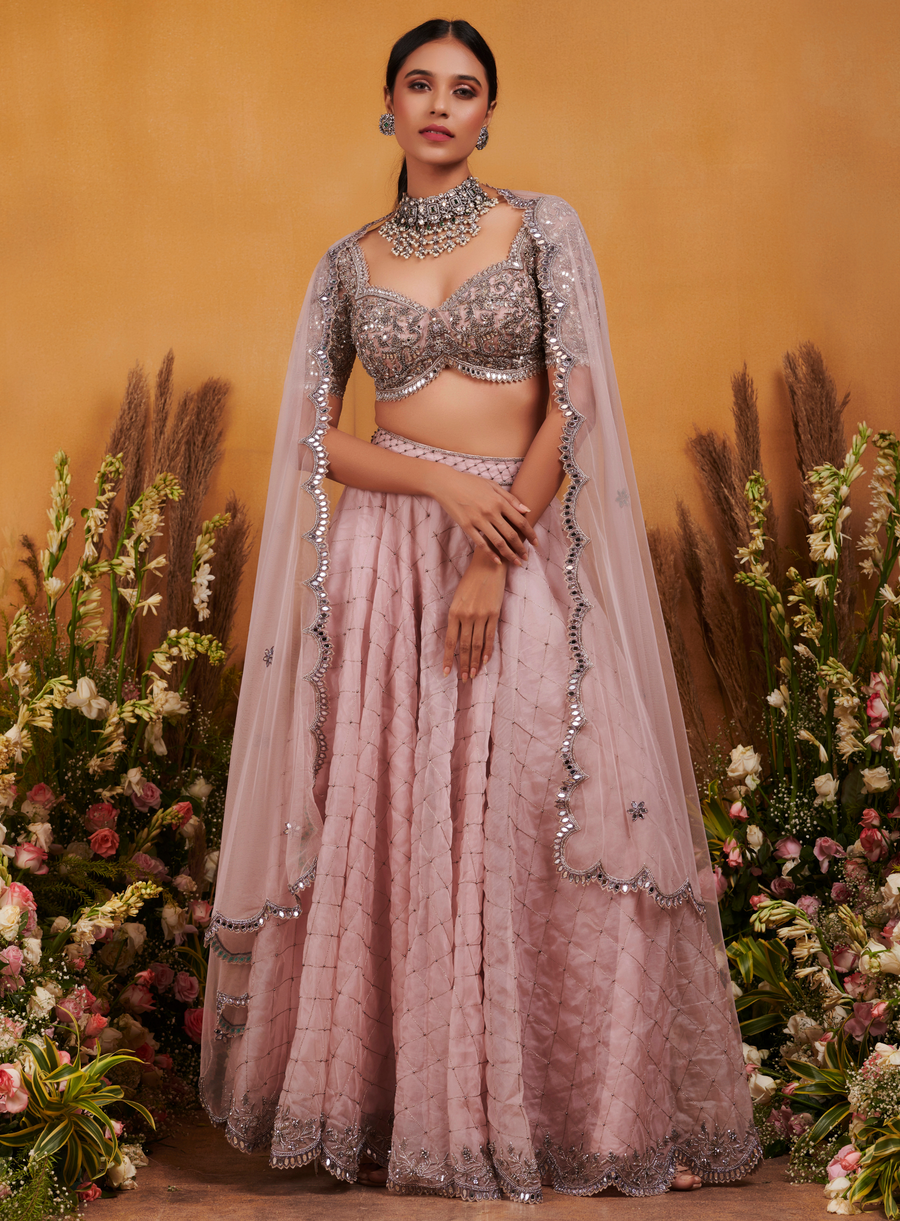 Onion pink mirror-work blouse with embellished flared pants and dupatta