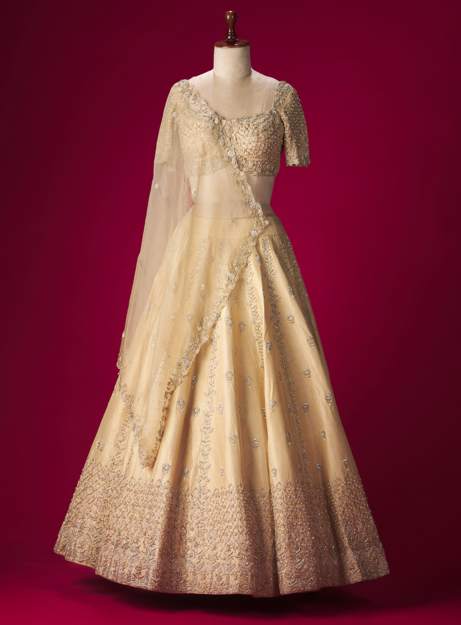 Cream dupion silk lehenga with zardozi embellished dupatta