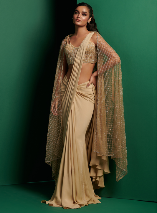 Champagne Gold Embellished Corset With Drape Saree And Embellished Cape