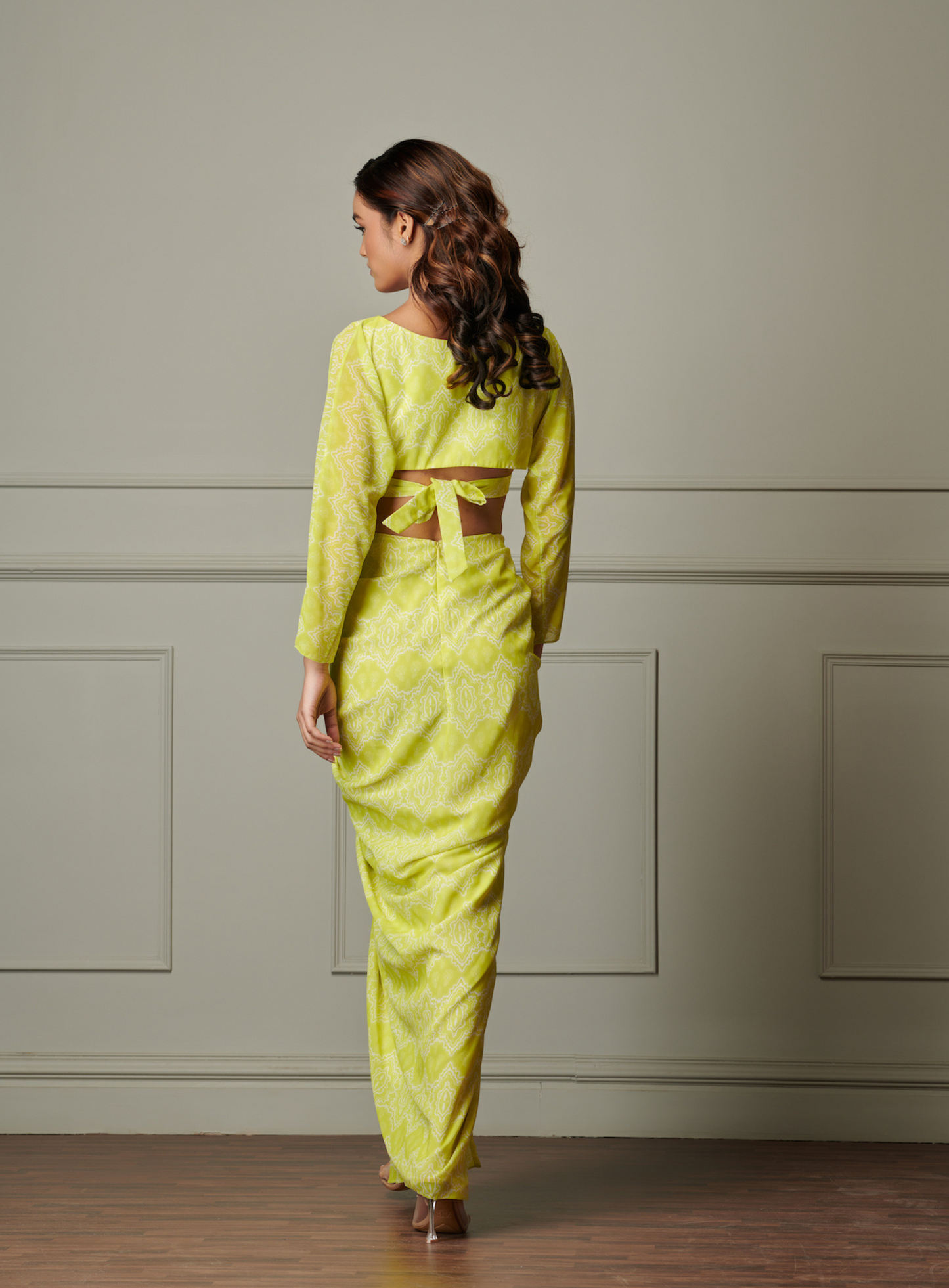 Printed Lime Green Blouson With Gathered Front Slit Skirt