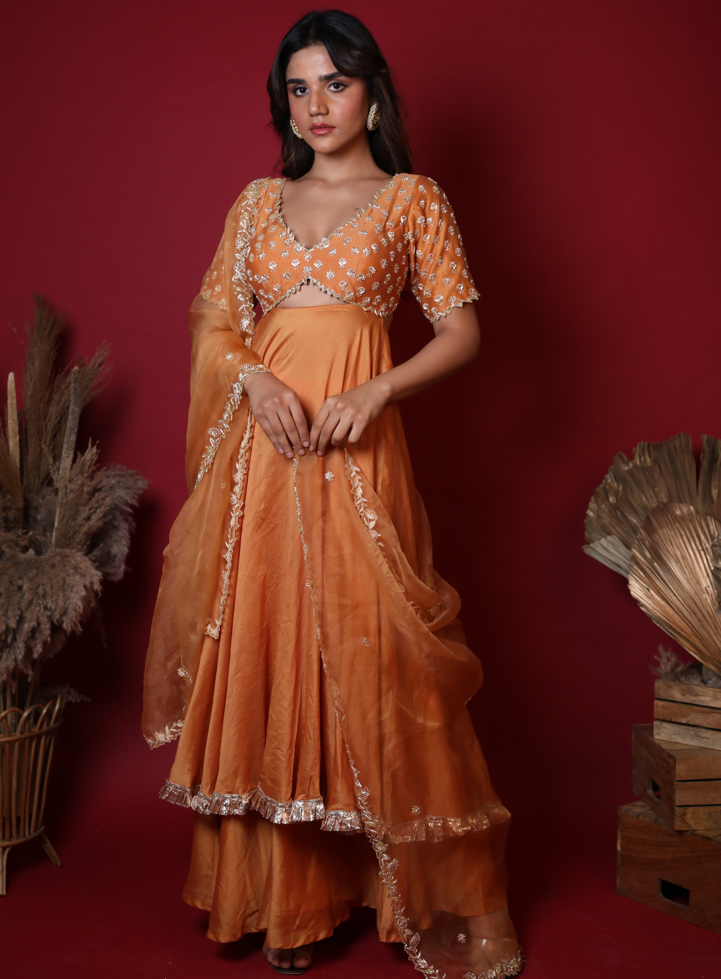 Pastel Orange Hand Embroidered Anarkali  Set