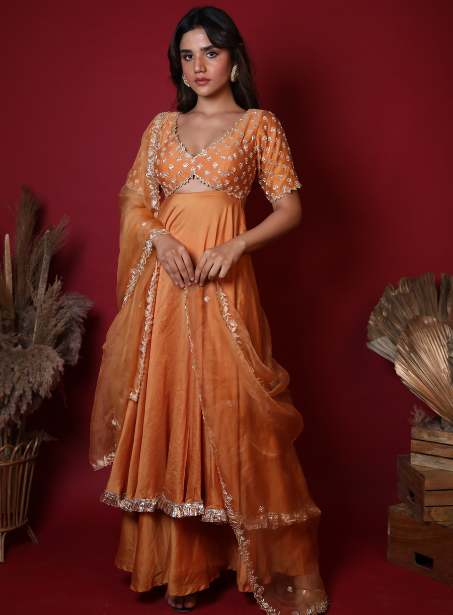 Pastel orange Anarkali set with zardozi, glass bead and pearl embroidery