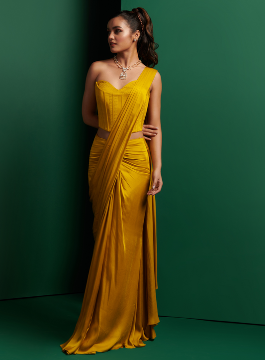 Golden Yellow Double Corset With Skirt Drape Saree