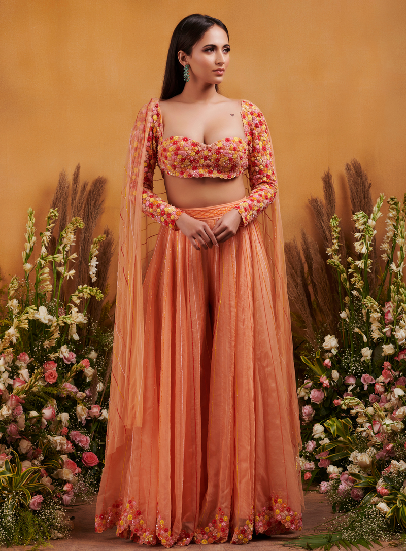 Multicolour 3D thread flower blouse with flared pants and matching dupatta