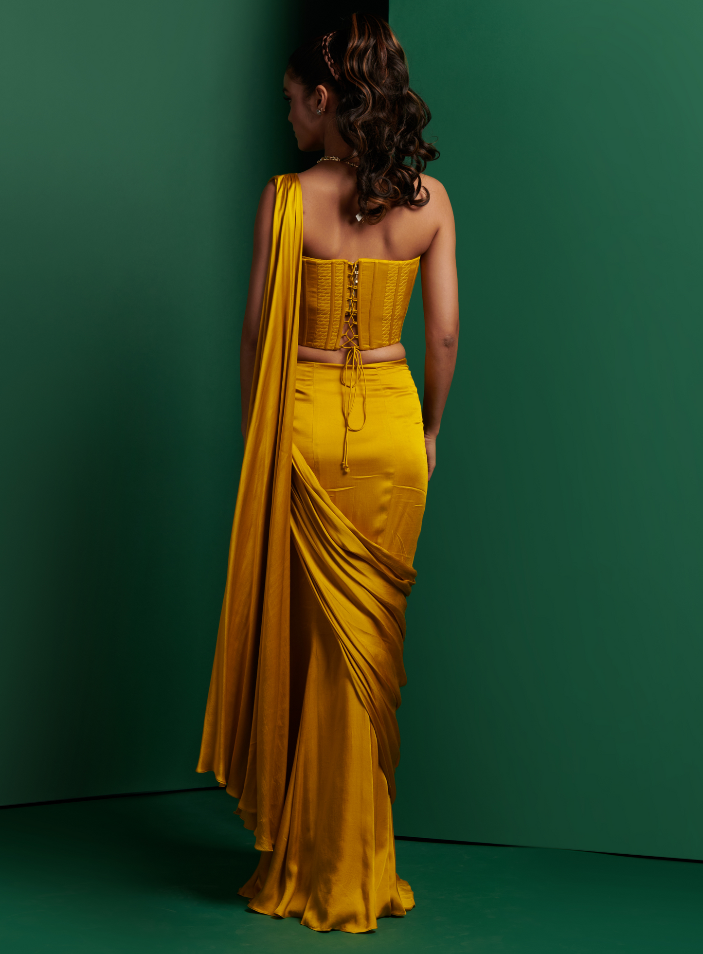 Golden Yellow Double Corset With Skirt Drape Saree