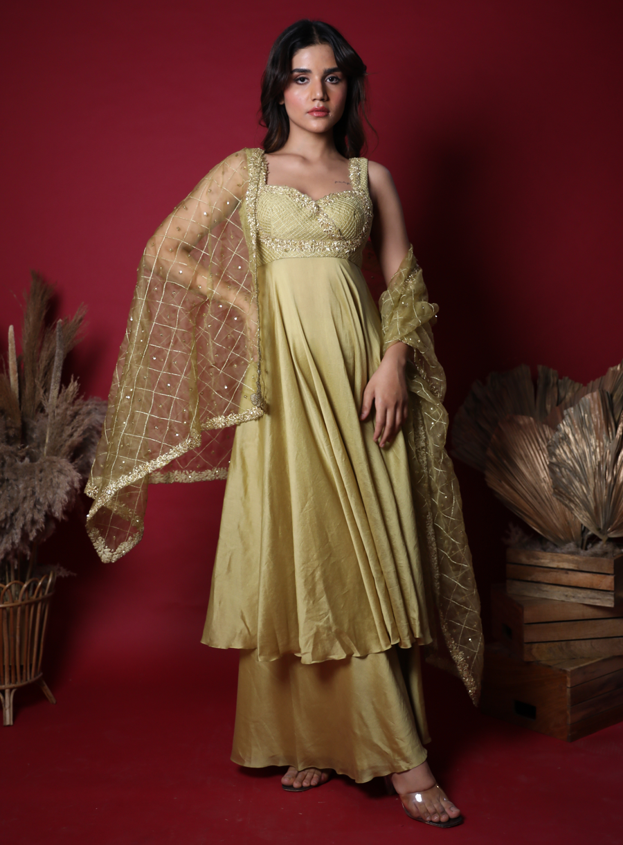 Pastel olive green Anarkali set with sequin, cutdana and zardozi hand embroidery