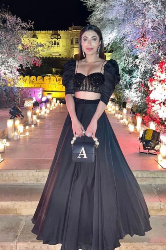 Avantika in our Black Power Shoulder Embellished Corset Blouse With Embellished Lehenga And Dupatta