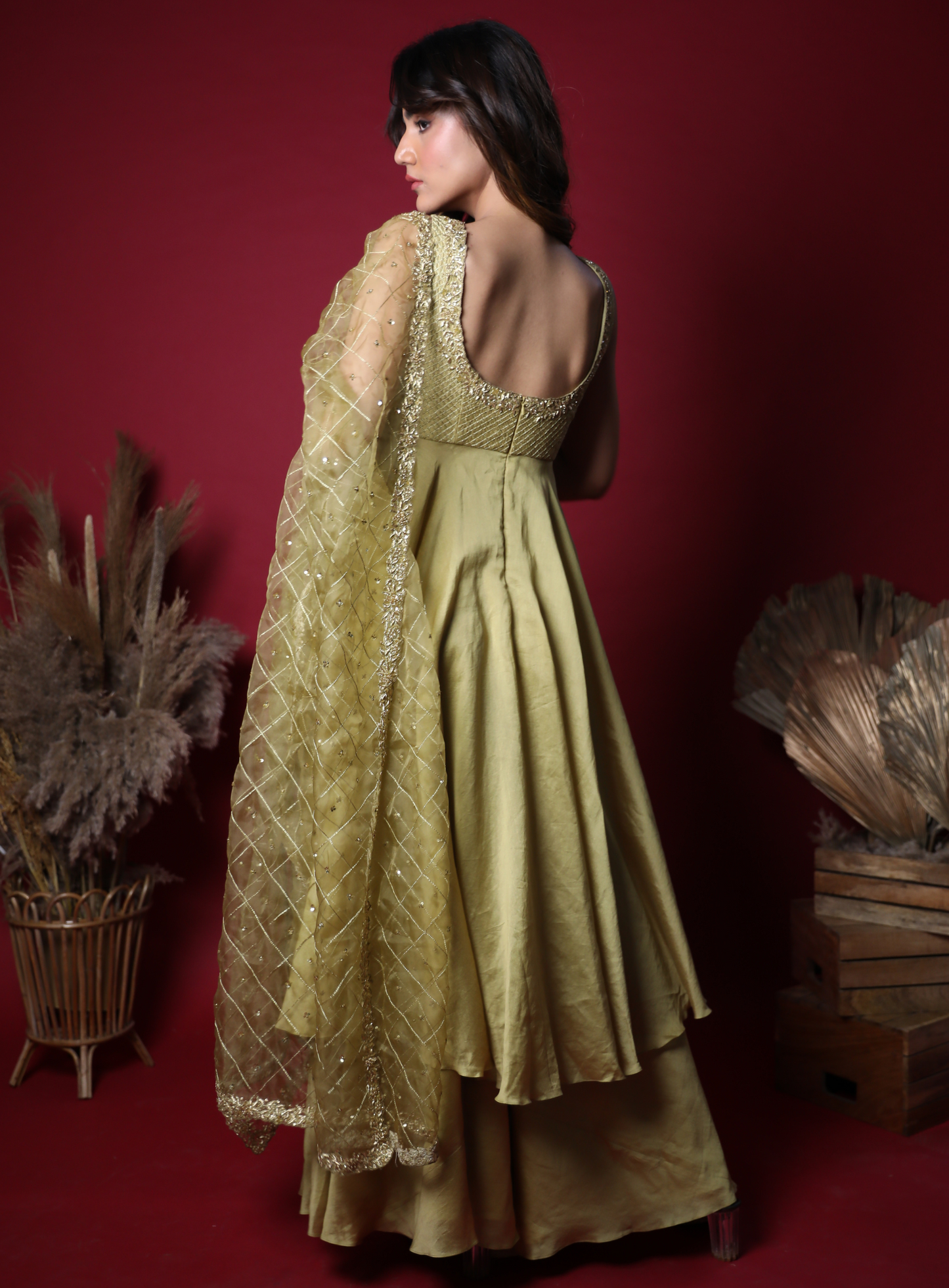 Pastel Olive Green Hand Embroidered Anarkali Set