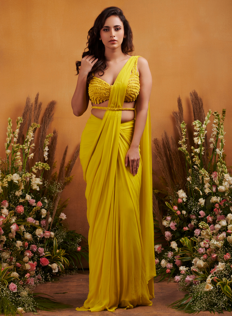 Bright Yellow Drape With Embellished Blouse