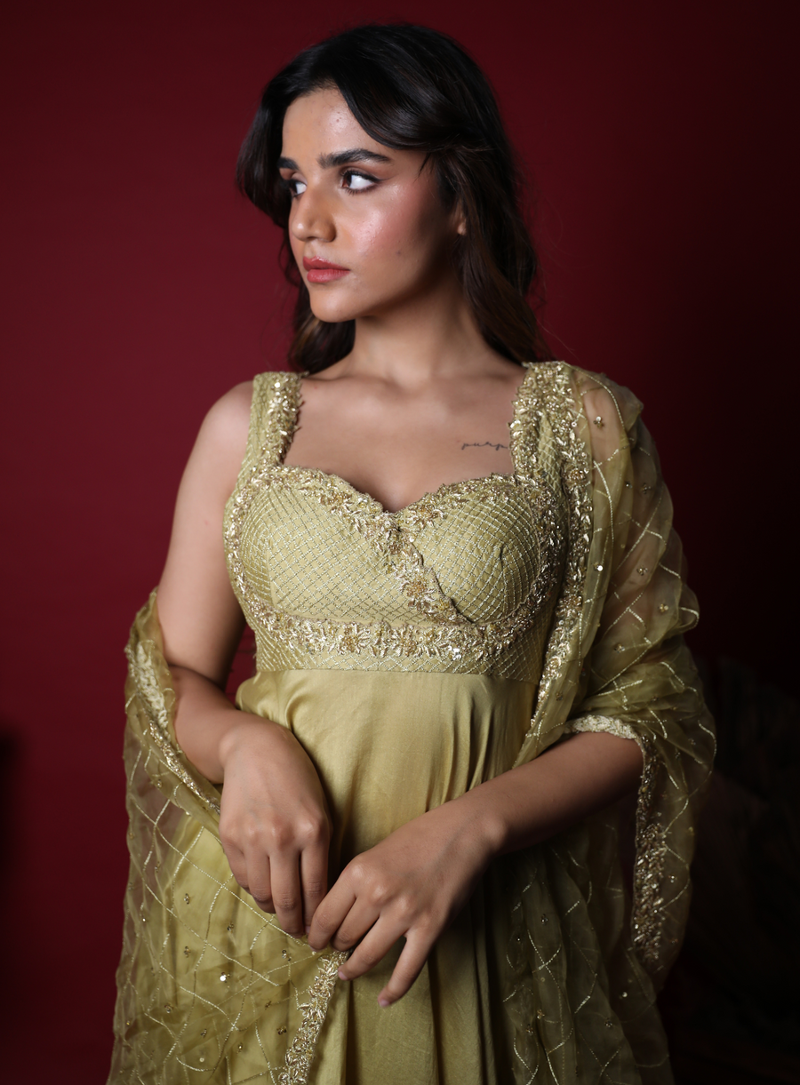 Close-up of the pastel olive green Anarkali's embroidered sweetheart bodice and dupatta