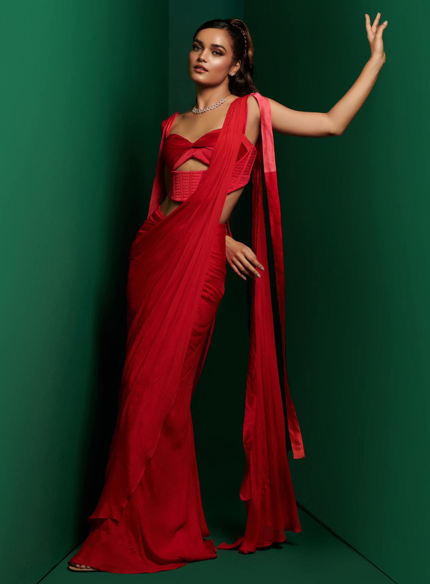 Crimson Red Cut Out Corset With Pleated Drape Saree