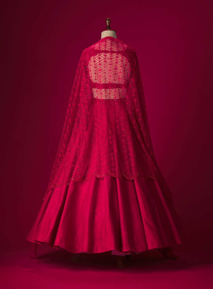Back view of the cherry red lehenga with cut-work embellished dupatta on a mannequin